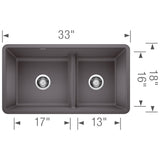Blanco Precis 33" Undermount Granite Composite Kitchen Sink, Silgranit, 60/40 Double Bowl, Cinder, 442521