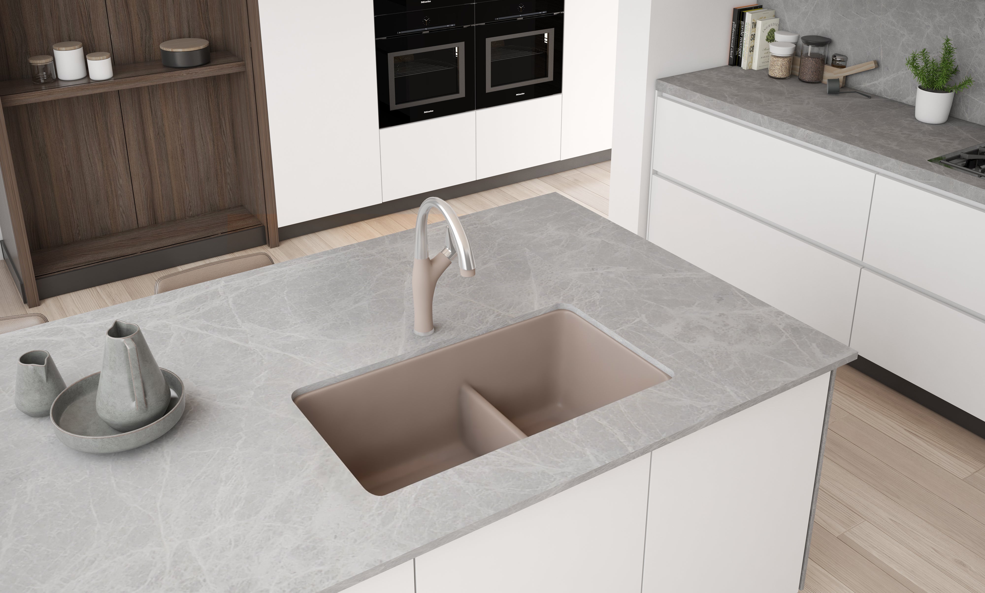 Blanco Precis 33" Undermount Granite Composite Kitchen Sink, Silgranit, 60/40 Double Bowl, Truffle, 442522