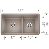 Blanco Precis 33" Undermount Granite Composite Kitchen Sink, Silgranit, 60/40 Double Bowl, Truffle, 442522