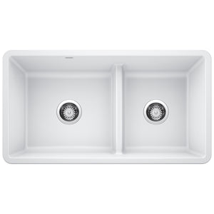 Alternate Image for Blanco Precis 33" Undermount Granite Composite Kitchen Sink, Silgranit, 60/40 Double Bowl, White, 442524