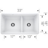 Blanco Precis 33" Undermount Granite Composite Kitchen Sink, Silgranit, 60/40 Double Bowl, White, 442524