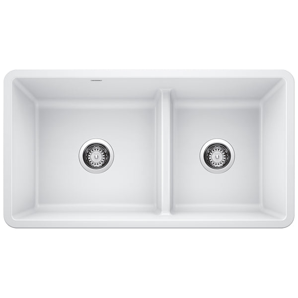 Blanco Precis 33" Undermount Granite Composite Kitchen Sink, Silgranit, 60/40 Double Bowl, White, 442524