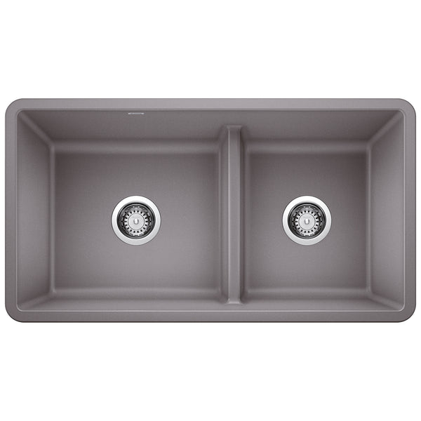 Blanco Precis 33" Undermount Granite Composite Kitchen Sink, Silgranit, 60/40 Double Bowl, Metallic Gray, 442527