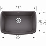 Blanco Valea 27" Undermount Granite Composite Kitchen Sink, Silgranit, Cinder, 442548