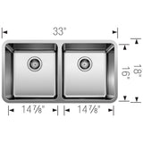 Blanco Formera 33" Undermount Stainless Steel Kitchen Sink, 50/50 Double Bowl, 18 Gauge, 442768