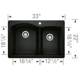 Blanco Diamond 33" Dual Mount Granite Composite Kitchen Sink, Silgranit, 60/40 Double Bowl, Coal Black, 442908