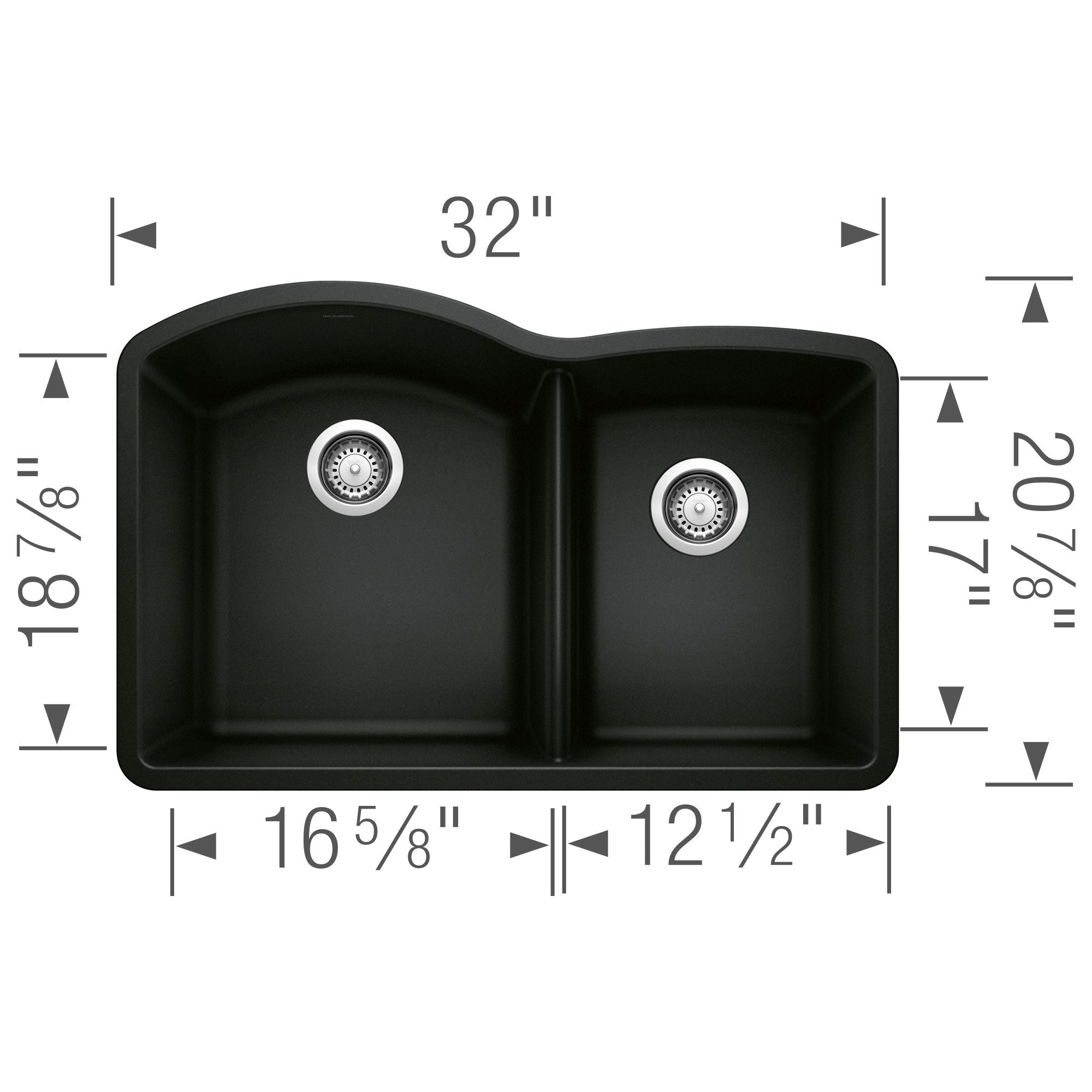 Blanco Diamond 32" Undermount Granite Composite Kitchen Sink, Silgranit, 60/40 Double Bowl, Coal Black, 442909