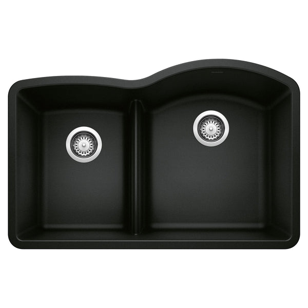 Blanco Diamond 32" Undermount Granite Composite Kitchen Sink, Silgranit, 40/60 Double Bowl, Coal Black, 442911