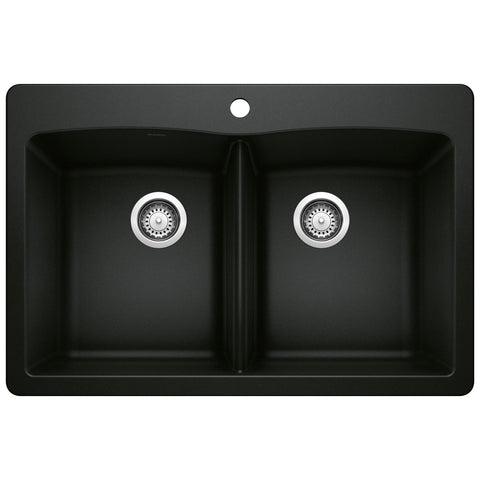 Blanco Diamond 33" Dual Mount Granite Composite Kitchen Sink, Silgranit, 50/50 Double Bowl, Coal Black, 442912