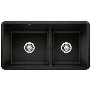 Alternate Image for Blanco Precis 33" Undermount Granite Composite Kitchen Sink, Silgranit, 60/40 Double Bowl, Coal Black, 442925
