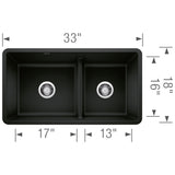 Blanco Precis 33" Undermount Granite Composite Kitchen Sink, Silgranit, 60/40 Double Bowl, Coal Black, 442925