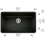 Blanco Precis 32" Undermount Granite Composite Kitchen Sink, Silgranit, Coal Black, 442935