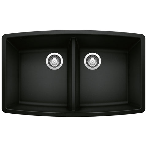 Blanco Performa 33" Undermount Granite Composite Kitchen Sink, Silgranit, 50/50 Double Bowl, Coal Black, 442937