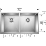 Blanco Precision 29" Undermount Stainless Steel Kitchen Sink, 50/50 Double Bowl, 18 Gauge, 516211