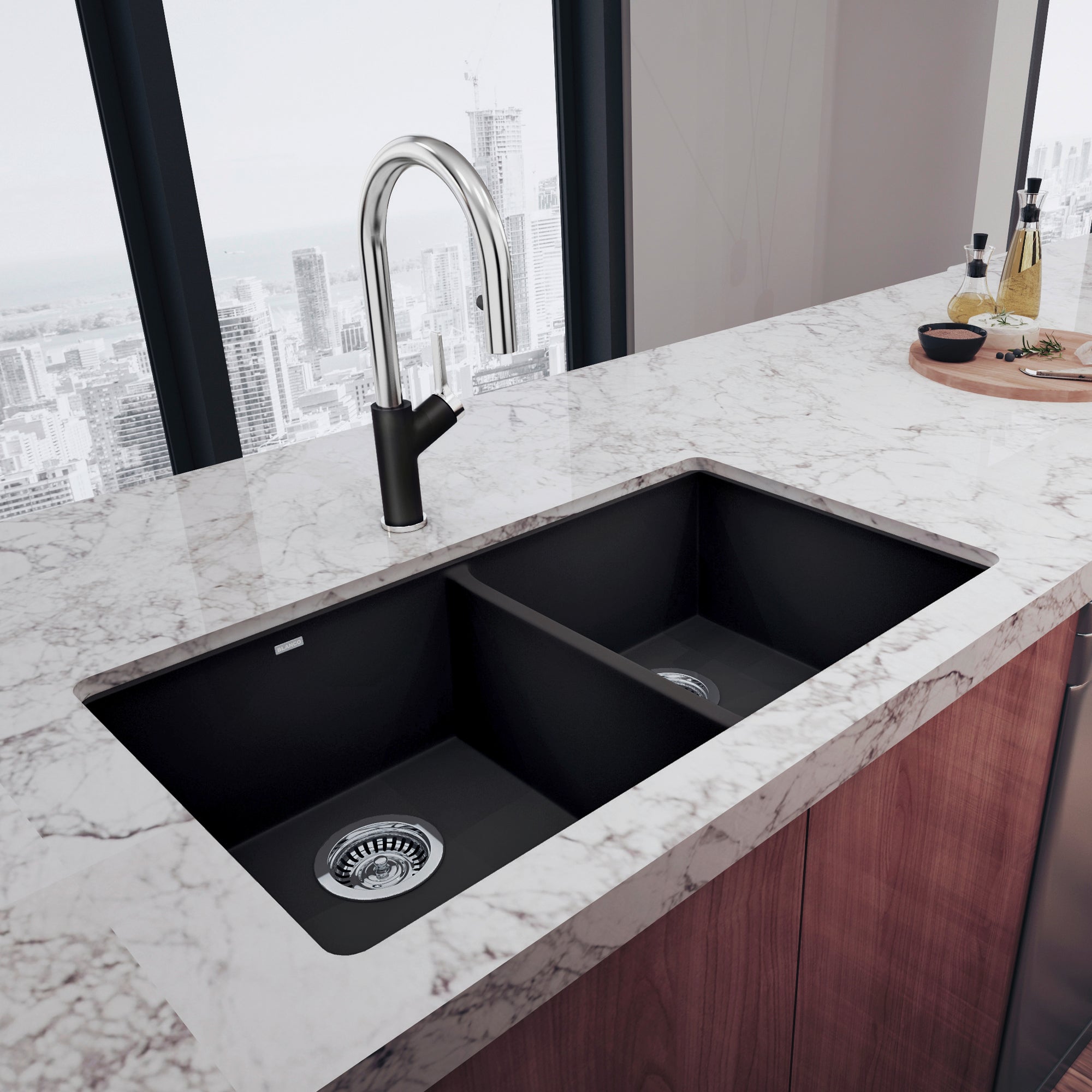 Blanco Precis 30" Undermount Granite Composite Kitchen Sink, Silgranit, 50/50 Double Bowl, Anthracite, 516322