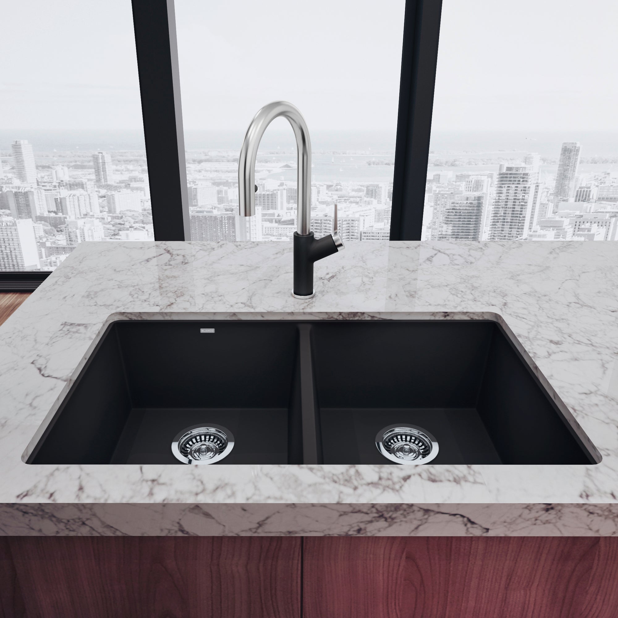 Blanco Precis 30" Undermount Granite Composite Kitchen Sink, Silgranit, 50/50 Double Bowl, Anthracite, 516322