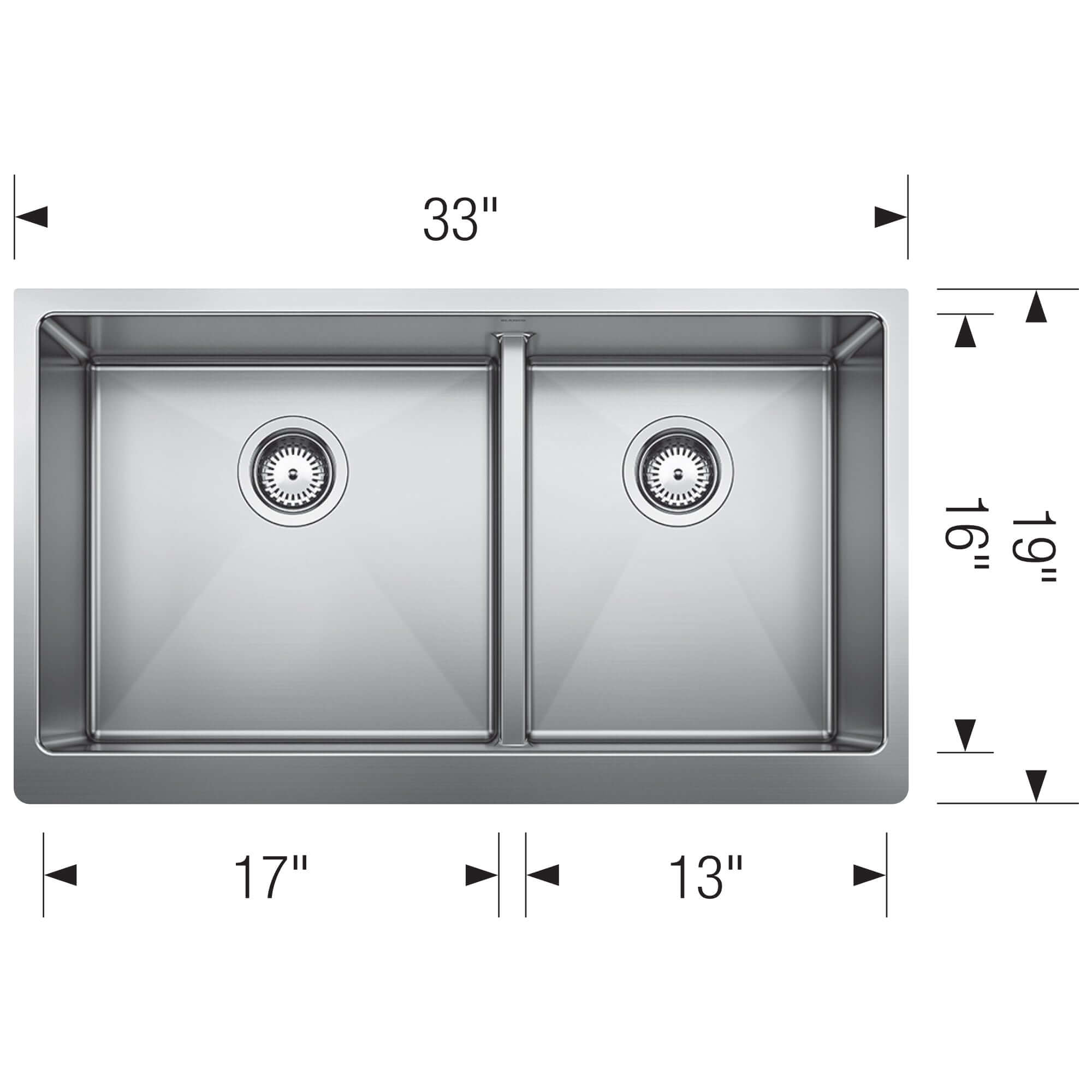 Blanco Quatrus 33" Stainless Steel Farmhouse Sink, 60/40 Double Bowl, 18 Gauge, Satin Polish, 525242