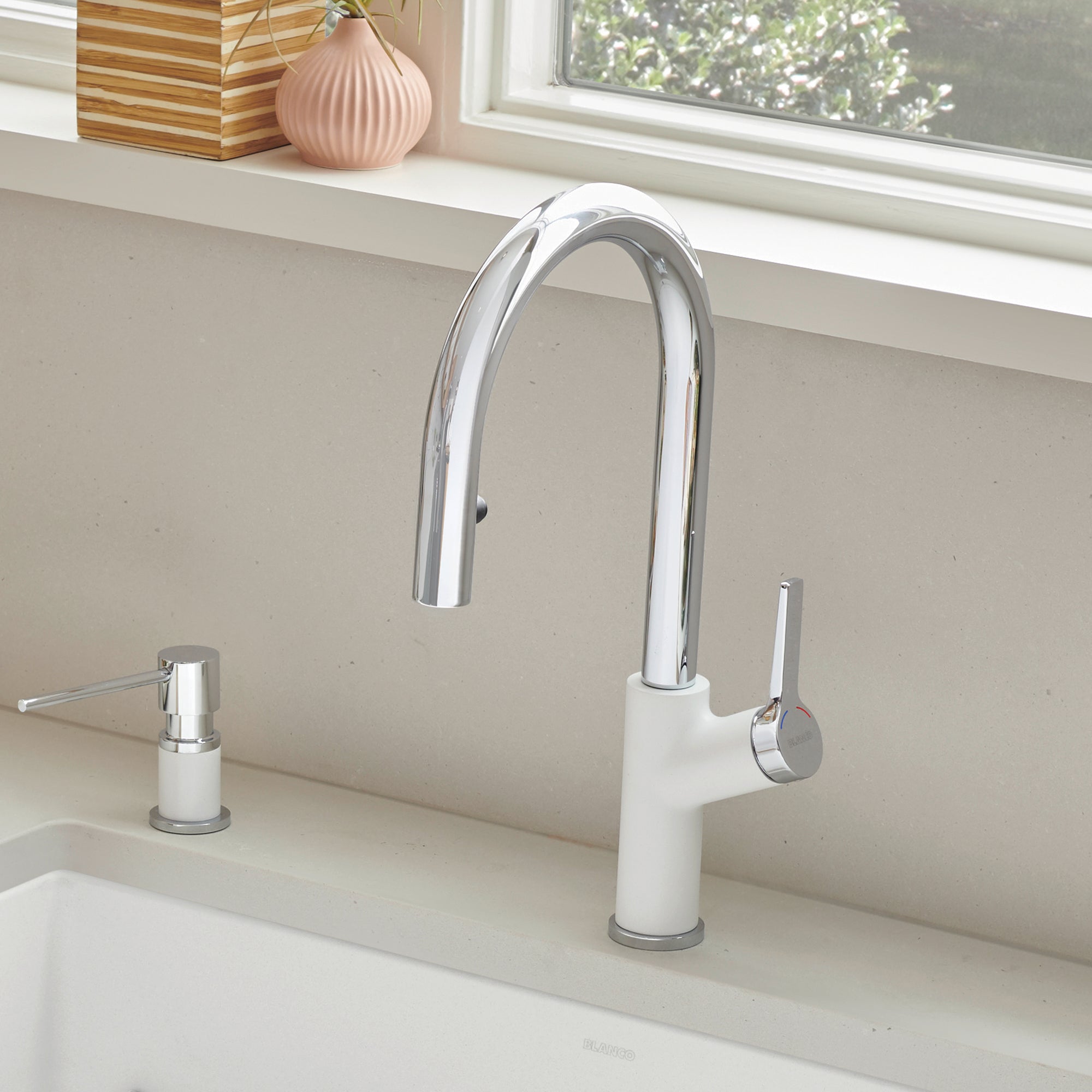 Blanco Urbena 1.5 GPM Brass Kitchen Faucet, Pull-Down, White/Chrome, 526391
