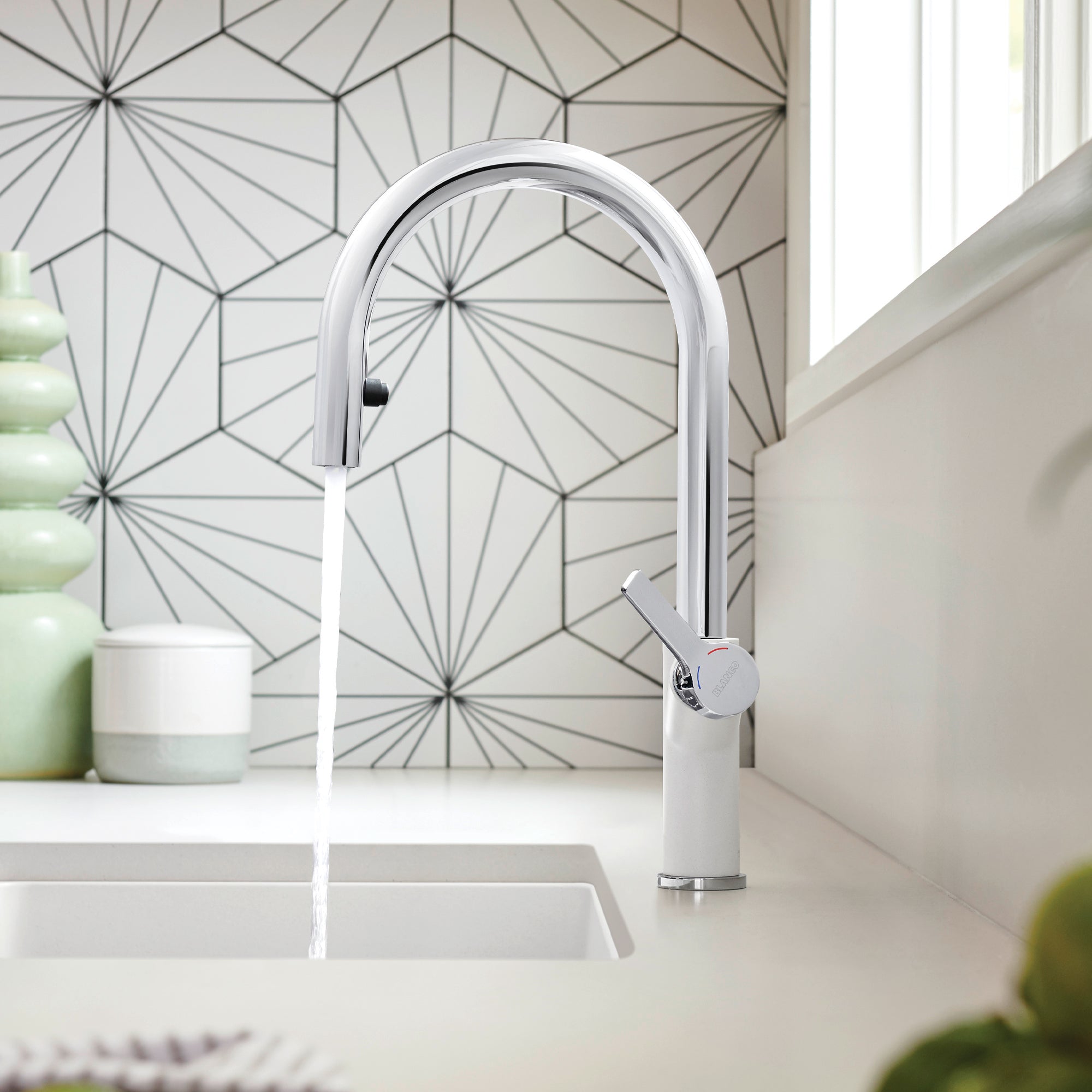 Blanco Urbena 1.5 GPM Brass Kitchen Faucet, Pull-Down, White/Chrome, 526391