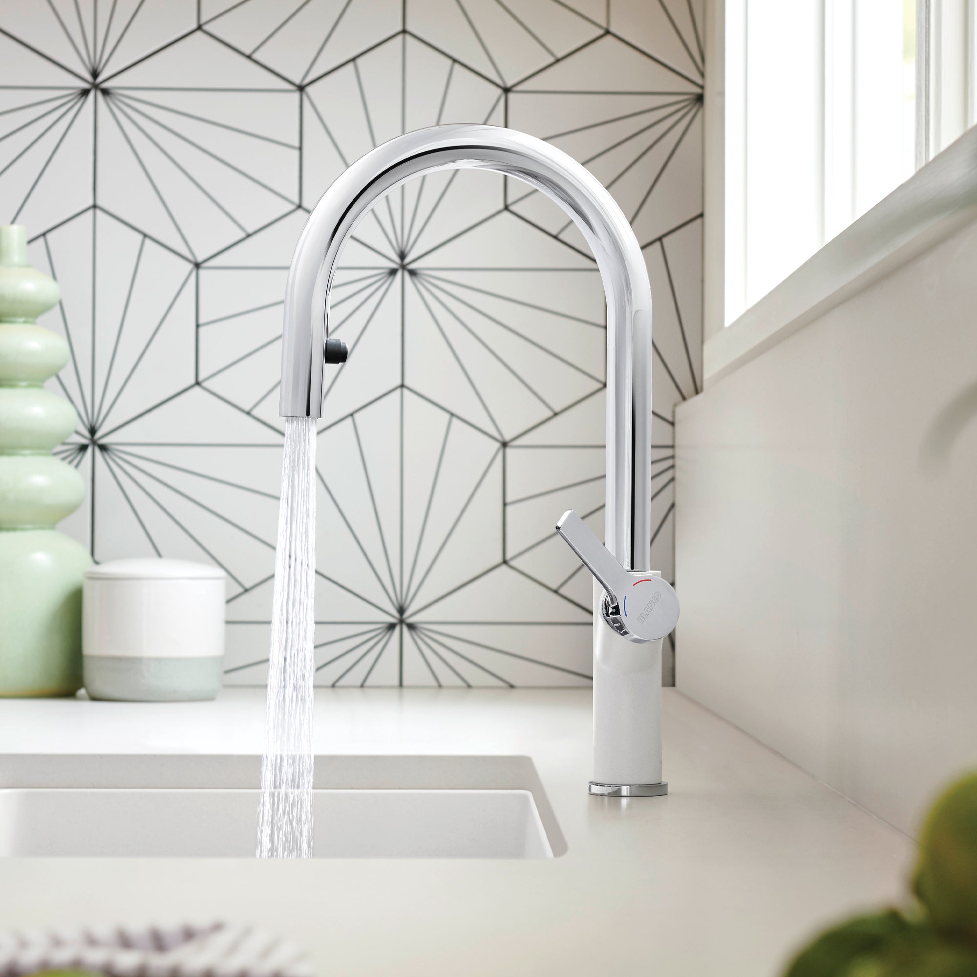 Blanco Urbena 1.5 GPM Brass Kitchen Faucet, Pull-Down, White/Chrome, 526391