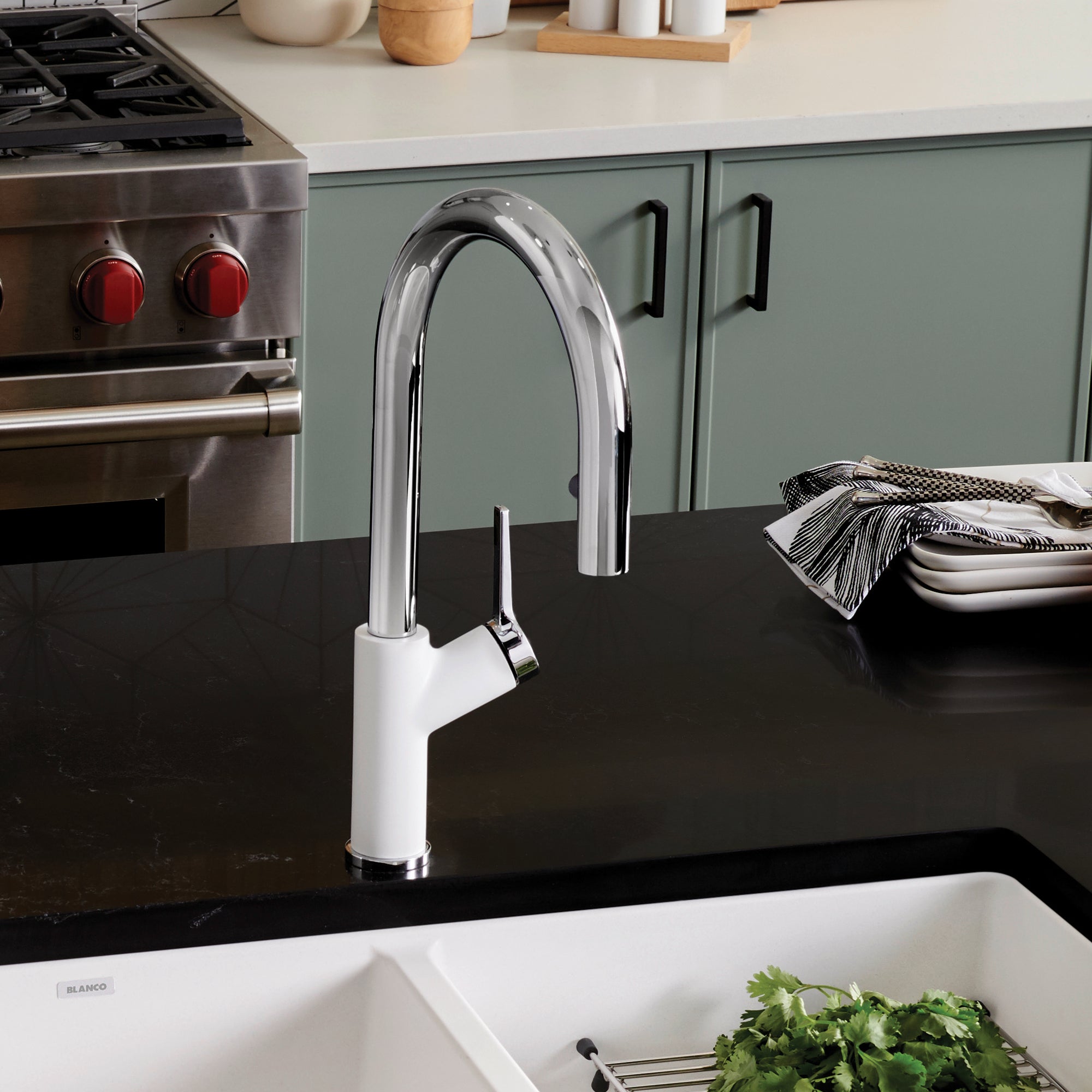 Blanco Urbena 1.5 GPM Brass Kitchen Faucet, Pull-Down, White/Chrome, 526391