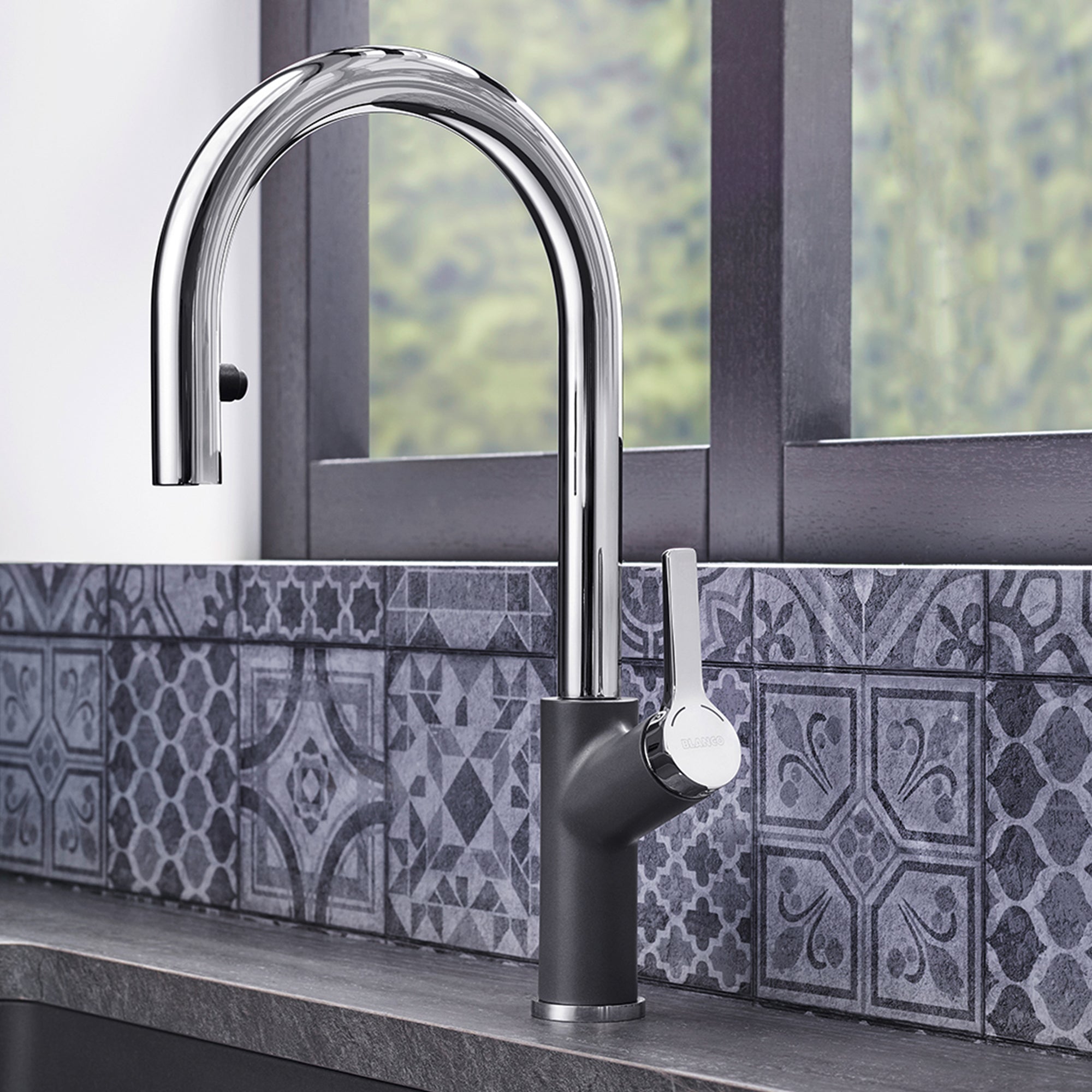 Blanco Urbena 1.5 GPM Brass Kitchen Faucet, Pull-Down, Cinder/Chrome, 526395
