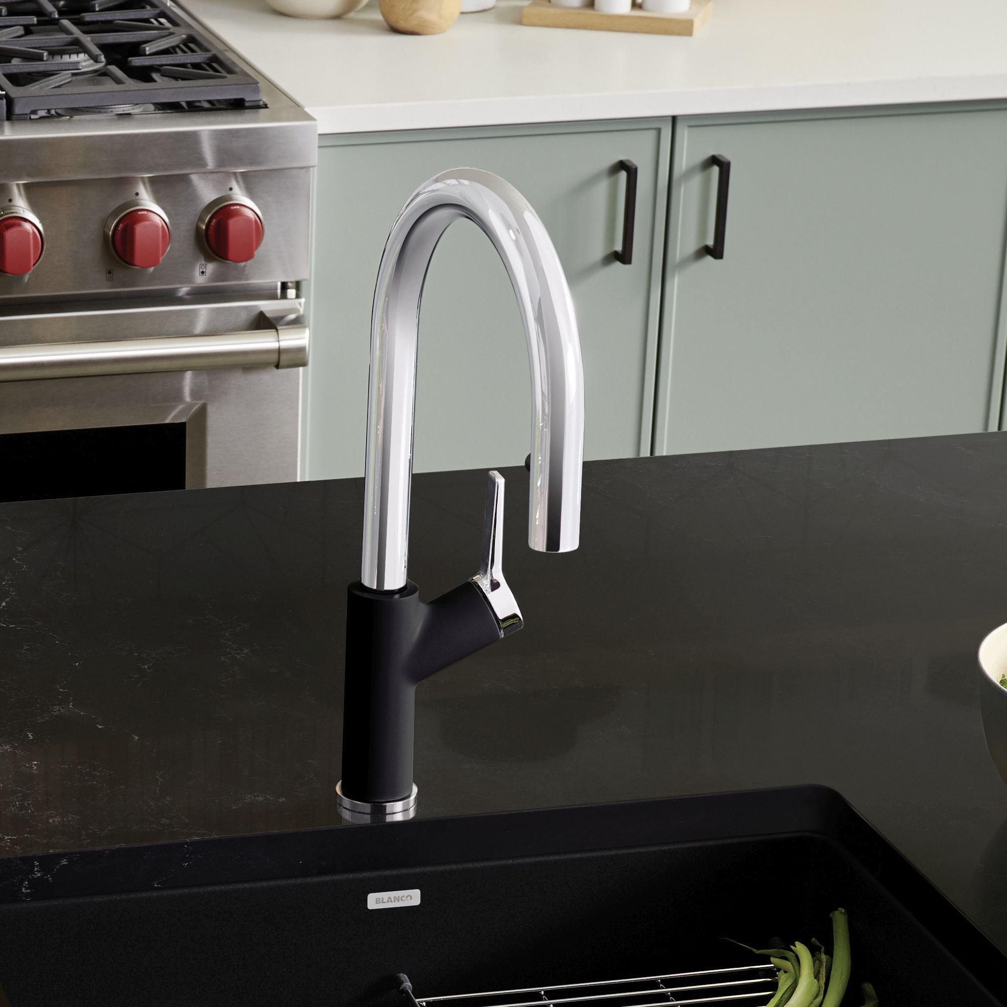 Blanco Urbena 1.5 GPM Brass Kitchen Faucet, Pull-Down, Coal Black/Chrome, 526398