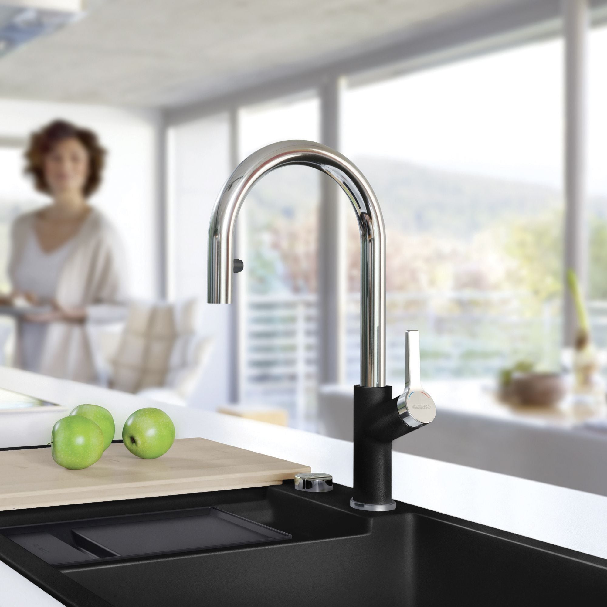 Blanco Urbena 1.5 GPM Brass Kitchen Faucet, Pull-Down, Coal Black/Chrome, 526398