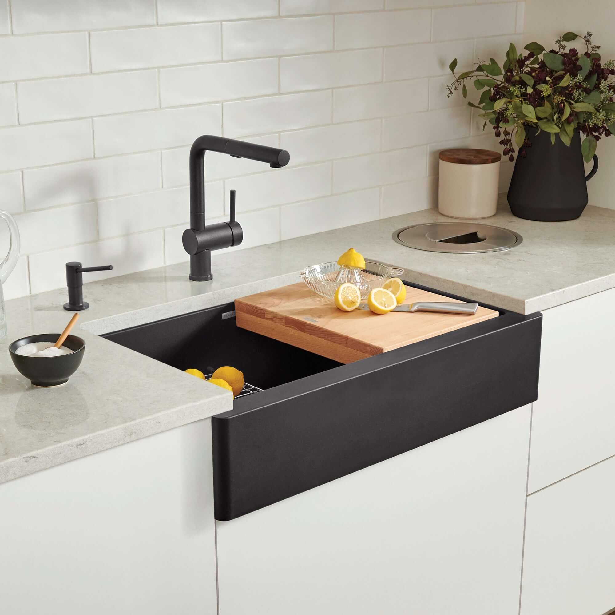 Blanco Vintera 30" Granite Composite Workstation Farmhouse Sink, Silgranit, Coal Black, 526545