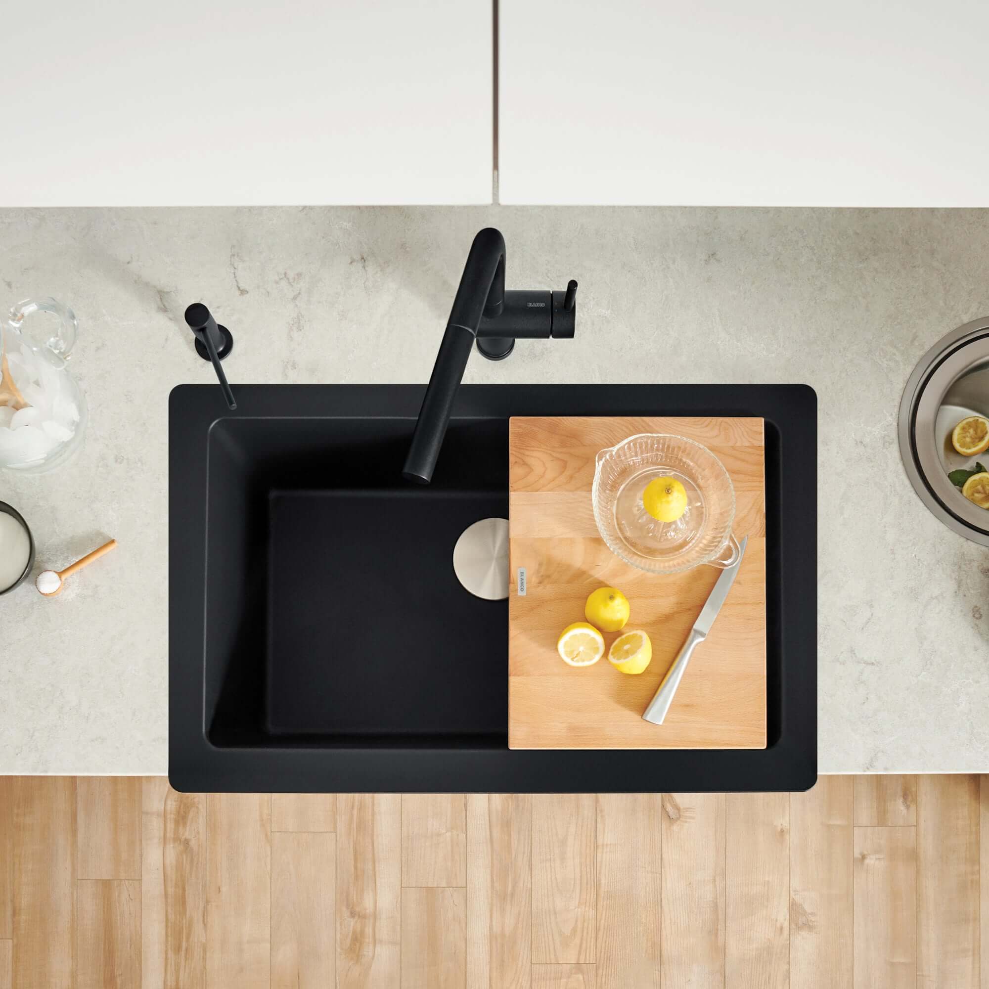 Blanco Vintera 30" Granite Composite Workstation Farmhouse Sink, Silgranit, Coal Black, 526545