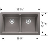Blanco Vintera 33" Granite Composite Workstation Farmhouse Sink, Silgranit, 50/50 Double Bowl, Metallic Gray, 526549