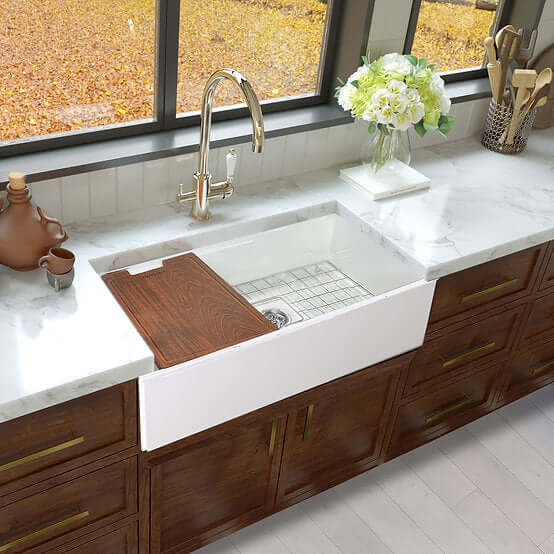 Nantucket Sinks Cape 33" Fireclay Workstation Farmhouse Sink with Accessories, White, T-PS33W