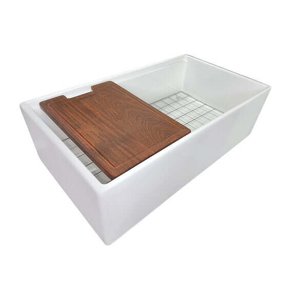 Nantucket Sinks Cape 33" Fireclay Workstation Farmhouse Sink with Accessories, White, T-PS33W