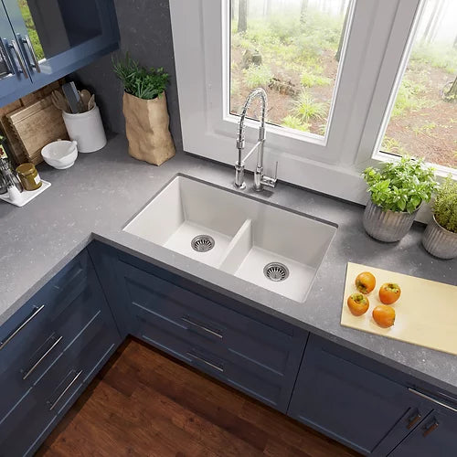 Nantucket Sinks Plymouth 33" Undermount Granite Composite Kitchen Sink, 50/50 Double Bowl, White, PR5050-LDW
