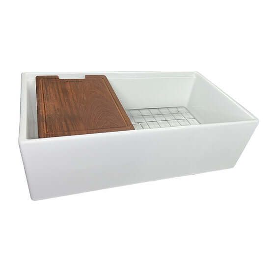 Nantucket Sinks Cape 33" Fireclay Workstation Farmhouse Sink with Accessories, White, T-PS33W