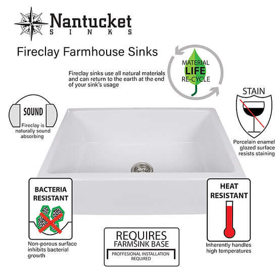 Nantucket Sinks Cape 33" Fireclay Workstation Farmhouse Sink with Accessories, White, T-PS33W
