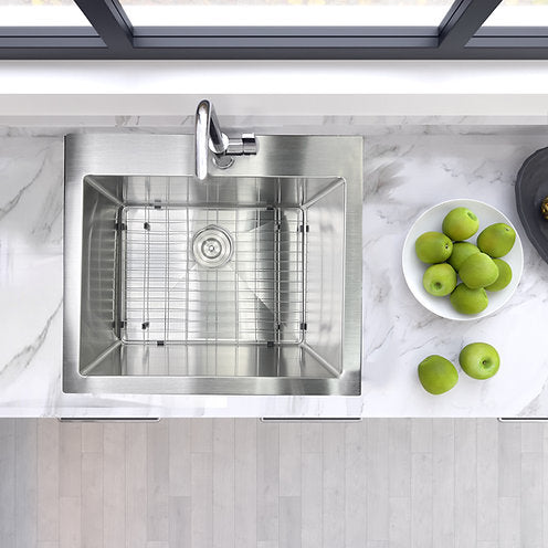 Nantucket Sinks Pro Series 25" Drop In/Topmount 304 Stainless Steel Kitchen Sink with Accessories, 16 Gauge, SR2522-16