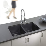 Houzer 33" Granite Undermount 60/40 Double Bowl Kitchen Sink, Black, M-175U MIDNITE