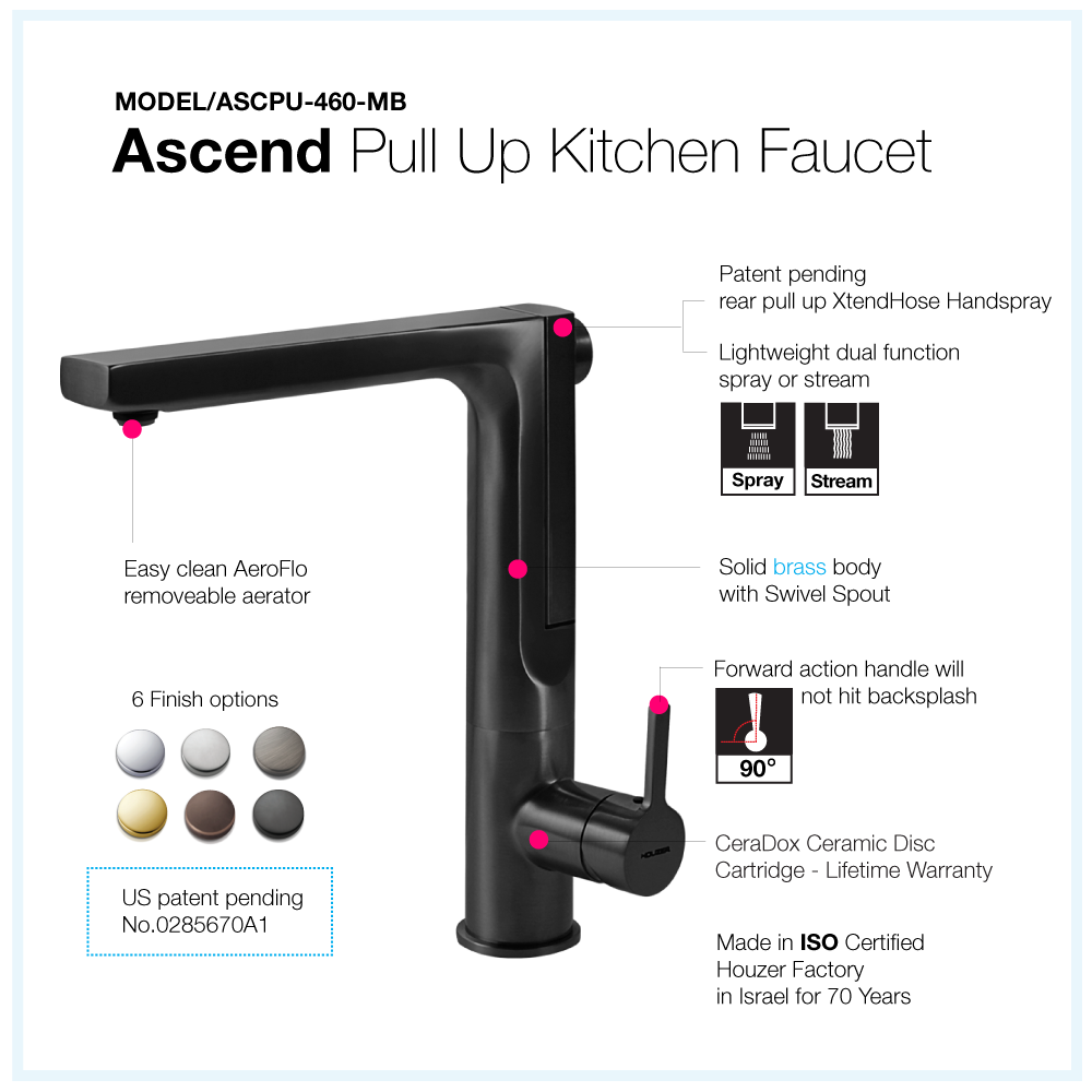Houzer Ascend 1.75 GPM Lever Brass Kitchen Faucet, Pull Up, Matte Black, ASCPU-460-MB