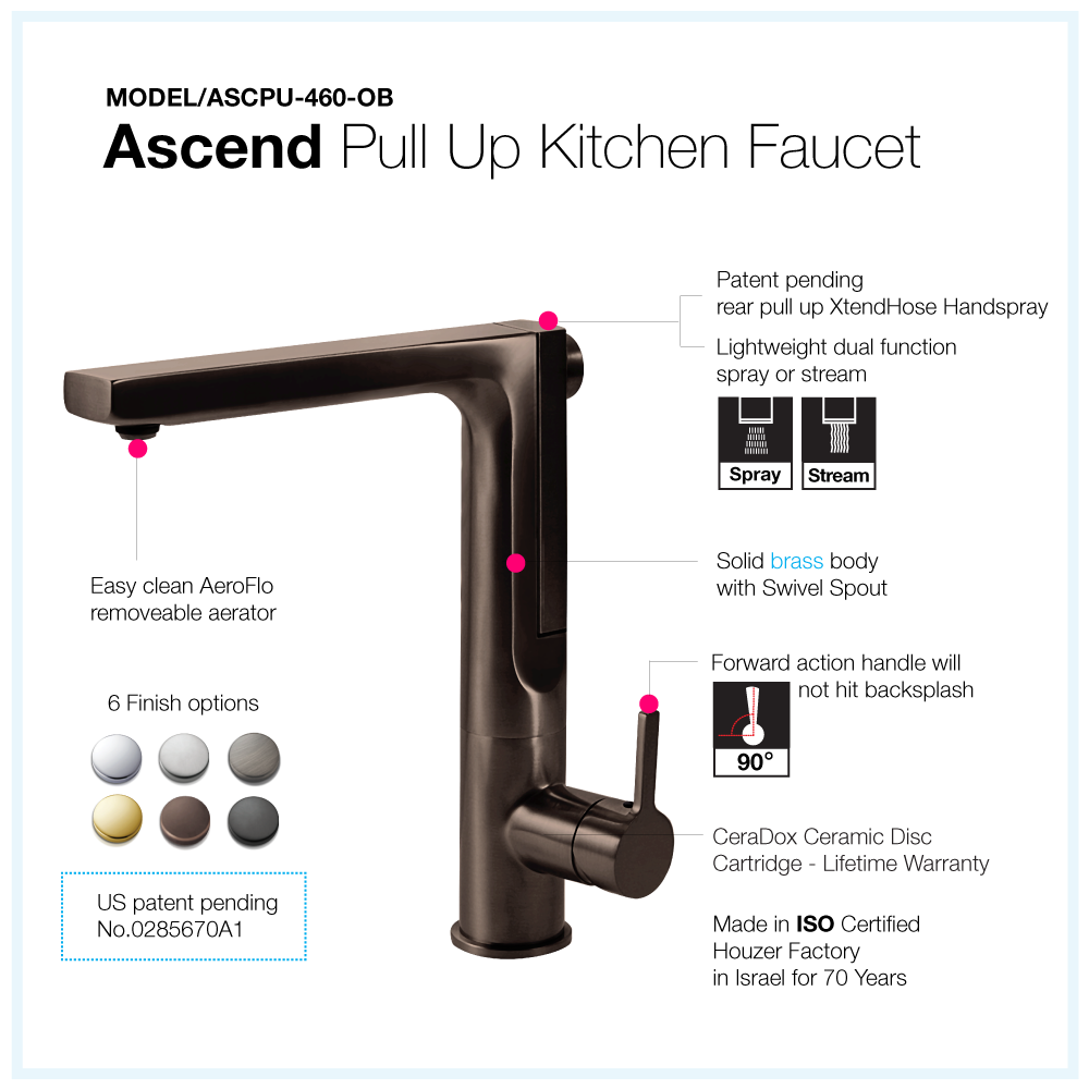 Houzer Ascend Integrated Pull Up Kitchen Faucet Rubbed Bronze, ASCPU-460-OB