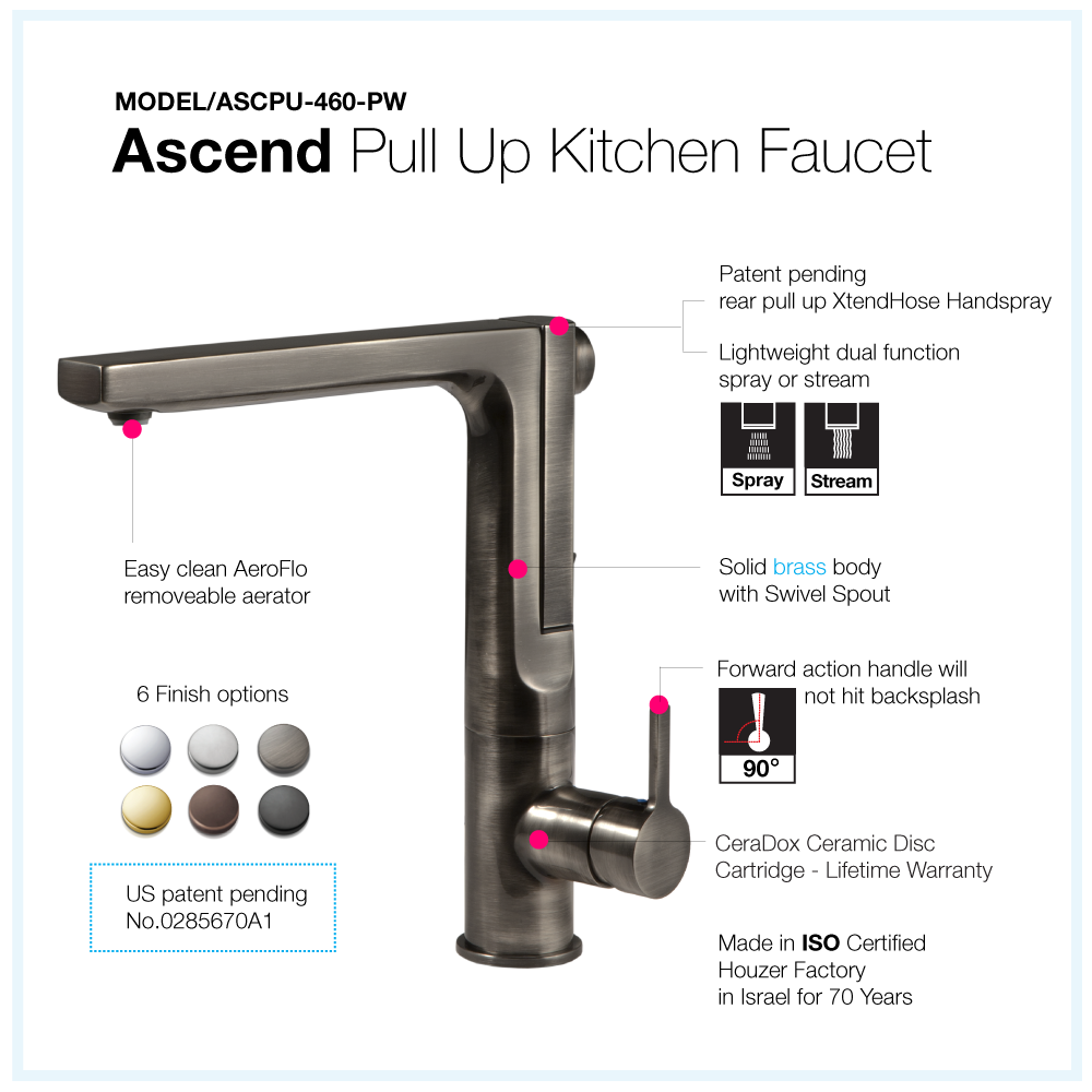 Houzer Ascend 1.75 GPM Lever Brass Kitchen Faucet, Pull Up, Pewter, ASCPU-460-PW