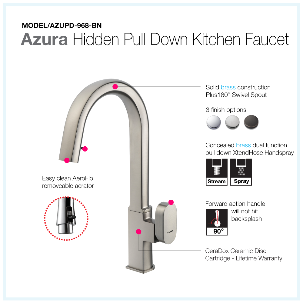 Houzer Azura Hidden Pull Down Kitchen Faucet Brushed Nickel, AZUPD-968-BN - The Sink Boutique