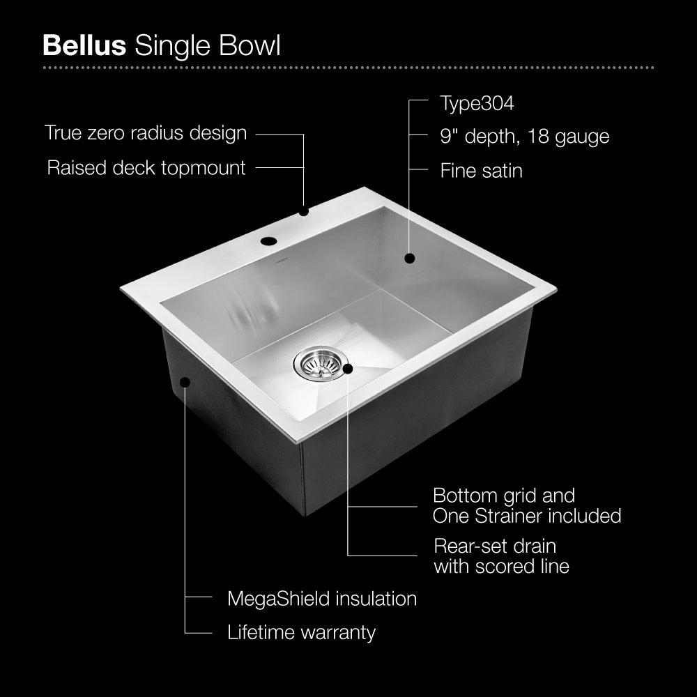 Houzer 25" Stainless Steel Topmount Zero Radius Single Bowl Kitchen Sink, BCS-2522 - The Sink Boutique