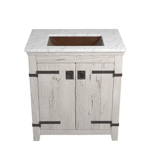 Native Trails 30" Americana Vanity in Whitewash with Carrara Marble Top and Avila in Antique, 8" Widespread Faucet Holes, BND30-VB-CT-CP-002