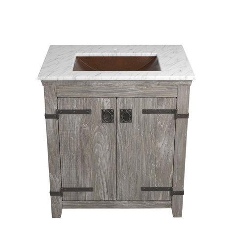 Native Trails 30" Americana Vanity in Driftwood with Carrara Marble Top and Avila in Antique, Single Faucet Hole, BND30-VB-CT-CP-007