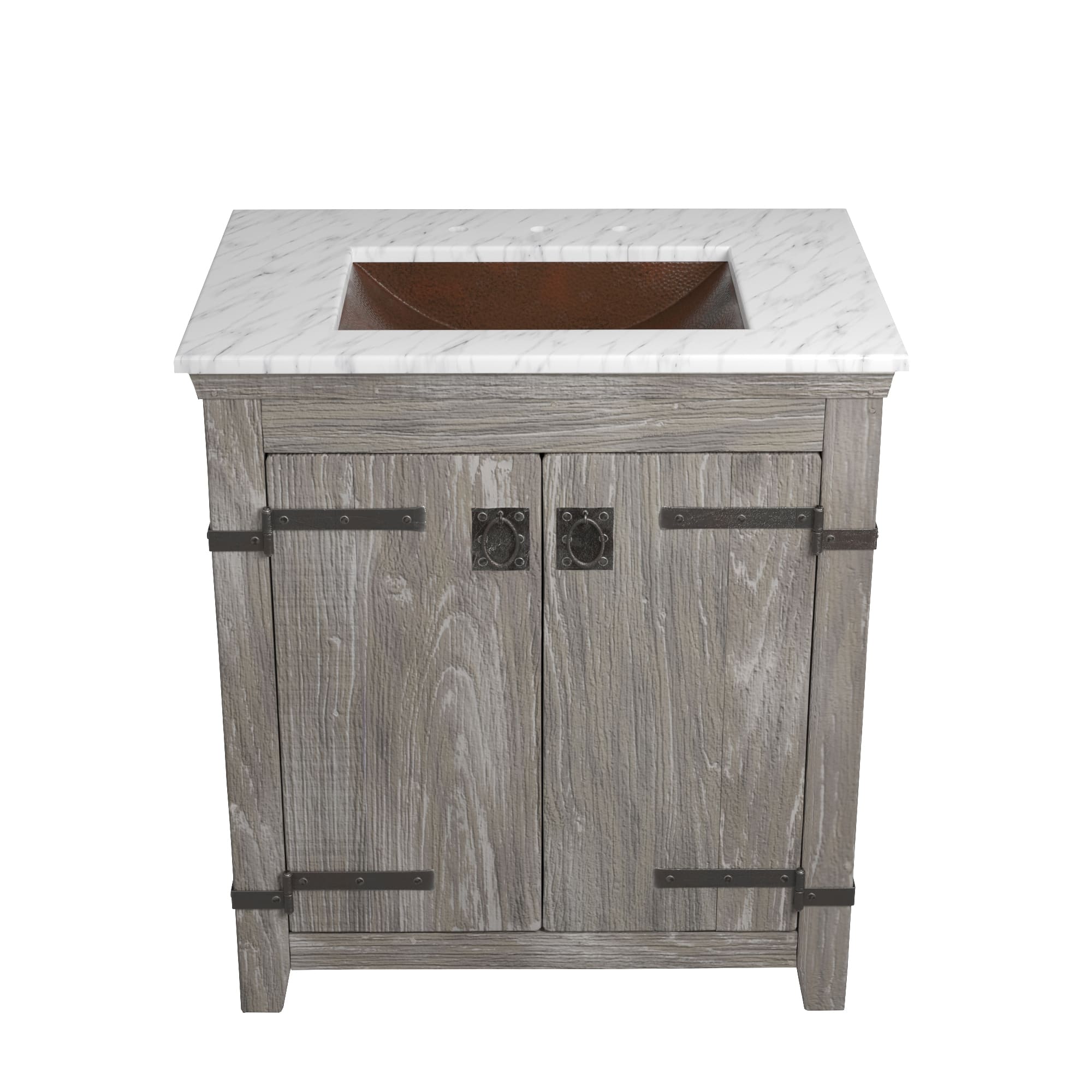 Native Trails 30" Americana Vanity in Driftwood with Carrara Marble Top and Avila in Antique, 8" Widespread Faucet Holes, BND30-VB-CT-CP-008