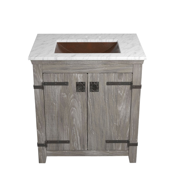 Native Trails 30" Americana Vanity in Driftwood with Carrara Marble Top and Avila in Antique, 8" Widespread Faucet Holes, BND30-VB-CT-CP-008