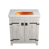 Native Trails 30" Americana Vanity in Whitewash with Carrara Marble Top and Avila in Polished Copper, Single Faucet Hole, BND30-VB-CT-CP-009