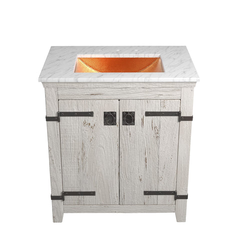 Native Trails 30" Americana Vanity in Whitewash with Carrara Marble Top and Avila in Polished Copper, 8" Widespread Faucet Holes, BND30-VB-CT-CP-010