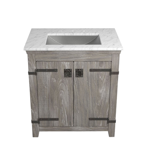 Native Trails 30" Americana Vanity in Driftwood with Carrara Marble Top and Avila in Brushed Nickel, 8" Widespread Faucet Holes, BND30-VB-CT-CP-024